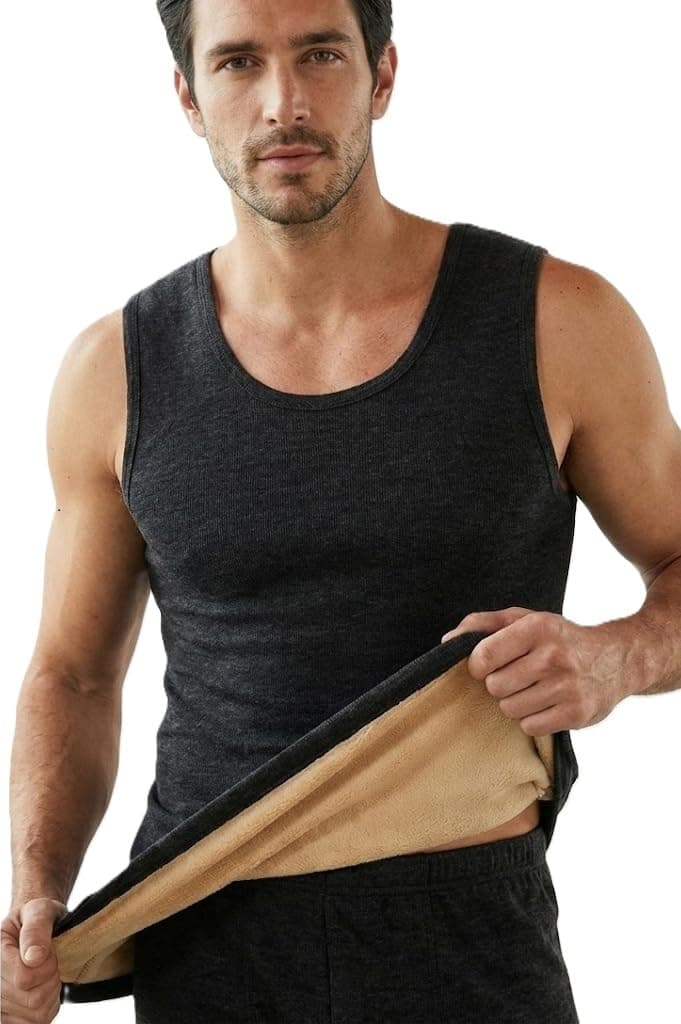 Alexvyan {L Size) Men's Thermal Fleece Lined Tank Top Thick Fleece Lined Base Layer Shirts Winter Sleeveless Vest Outdoor Tops Cami Cold Weather Ultra-Warm Black