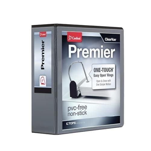 Cardinal 3 Ring Binder, Binders for School and Office, Durable 4 Inch Premier Easy Open Binder, ONE-Touch Locking Slant-D Rings, 880-Sheet Capacity, ClearVue Cover, PVC-Free, Black (10341)