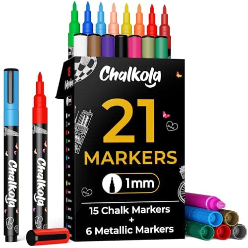 Chalkola Extra Fine Tip Chalk Markers for Blackboard Glass Pack of 21 1mm Tip Washable Liquid Chalk Pens for Dry Erase Board Car Windows Acrylic Calendar Thin Chalkboard Markers Erasable