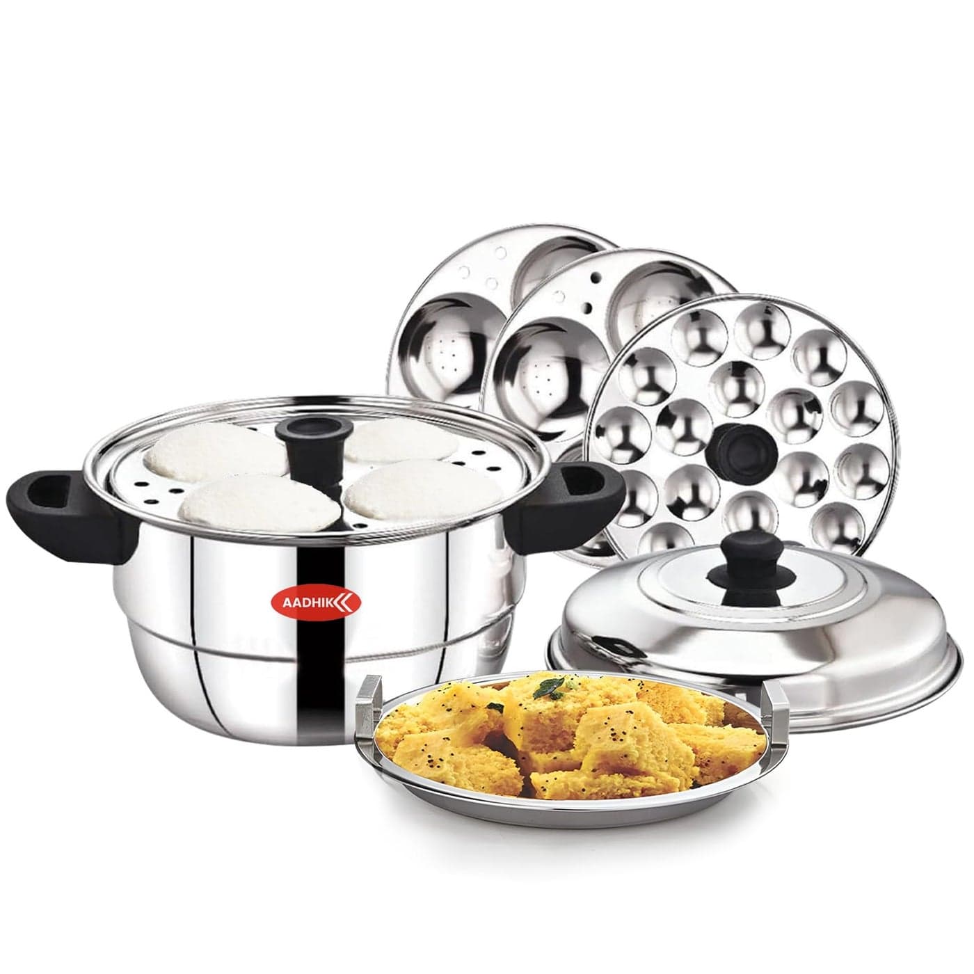 AADHIK Idli Maker Stainless Steel Idli Cooker Idli Steamer Idly Pot Dhokla Maker and Mini Idli Plate Silver 12 Idli 5 Plate Idli Kadai