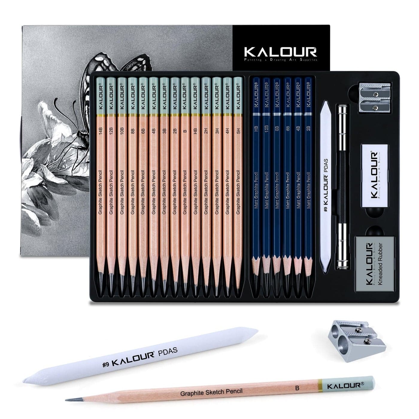KALOUR 25Piece Professional Sketch Pencil Set with Matte and Regular Pencils Includes Vinyl Eraser Kneaded Eraser Sharpener Pencil Extender and Blending Stump Ideal for Artists and Beginners