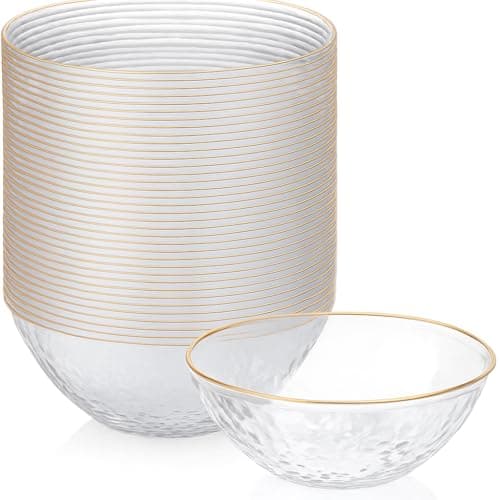 R-kay 100 Pack Hammered Gold Plastic Bowls Disposable Heavy Duty - 12 Oz Clear Plastic Bowls For Parties - Premium Clear Disposable Bowls for Hot Soup, Salads.