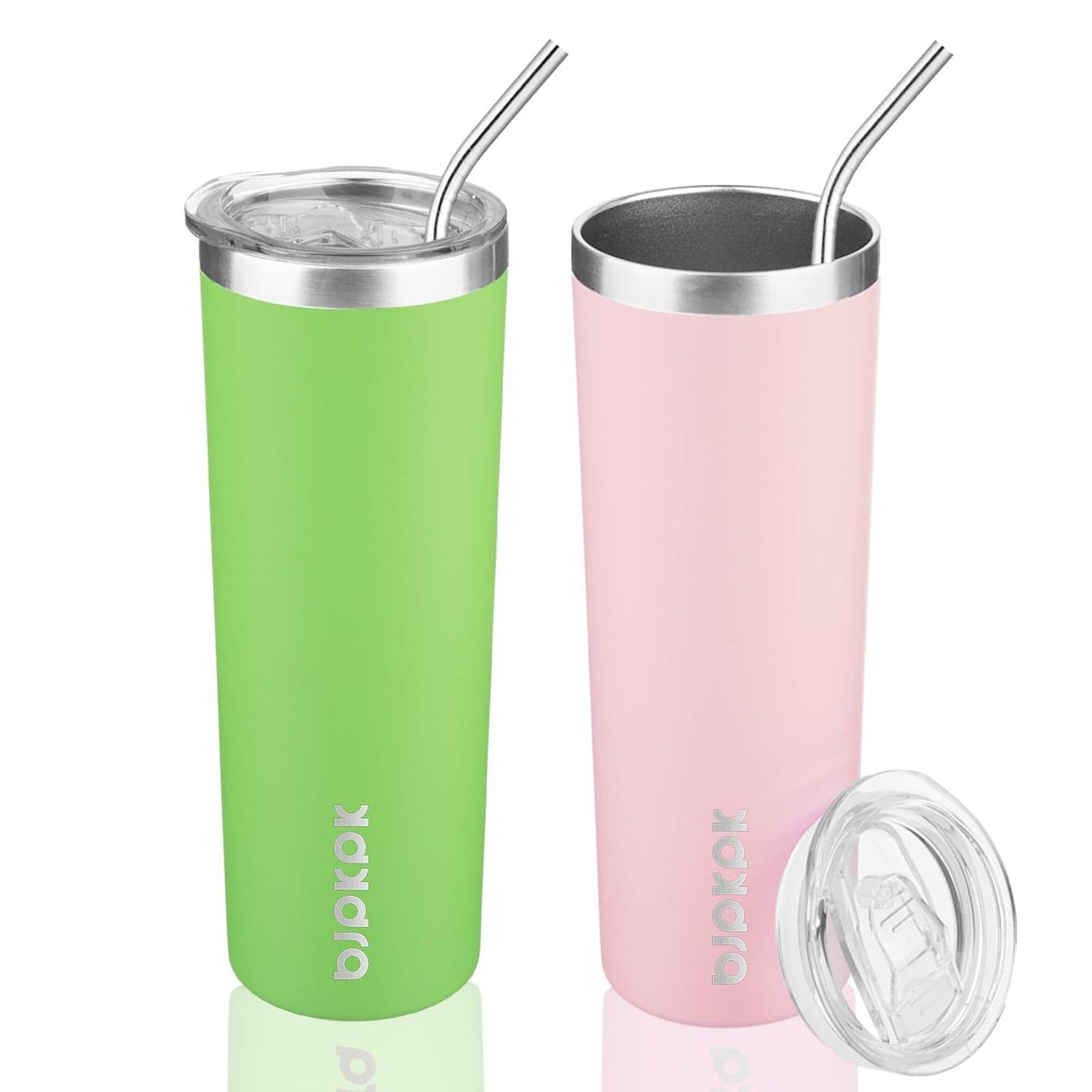 BJPKPK 20 oz Skinny Tumbler with Lid 2 Pack Slim Insulated Travel Coffee Cup Stainless Steel Thermal MugGreenLight Pink