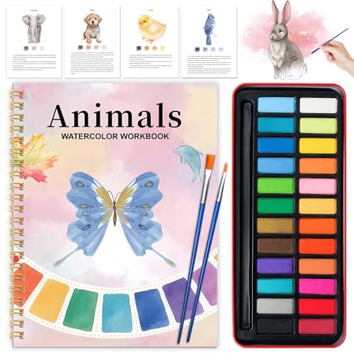 Watercolor Workbook Coloring Book Beginner Friendly Painting Kit Watercolor Workbooks for Adults with 24 Colors Paint Exploration Gift for Adults Teens Animals