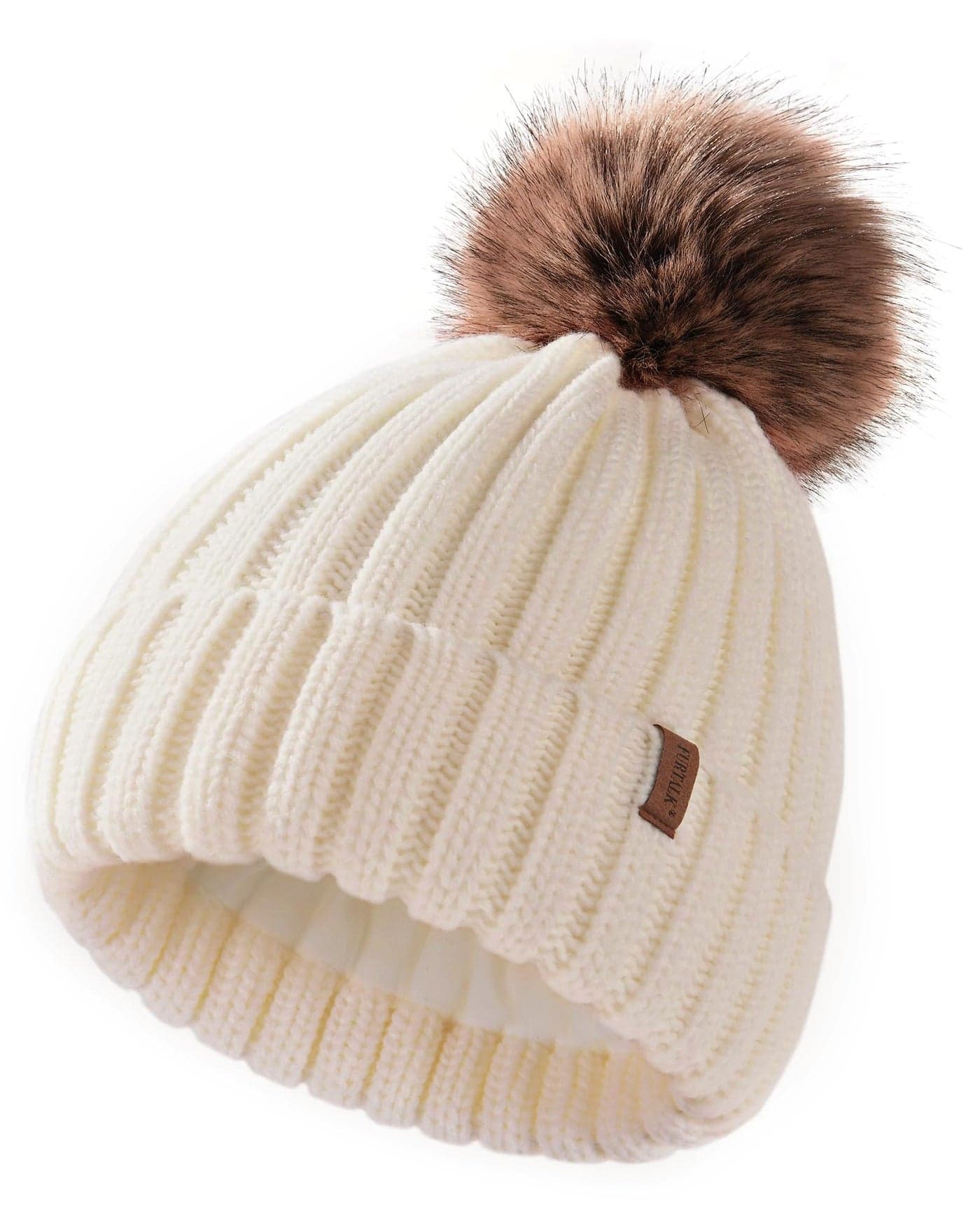 FURTALK Kids Winter Hat Toddler Knitted Beanie with Faux Fur Pom Poms for Baby Girls Boys Beige,3-24 Months
