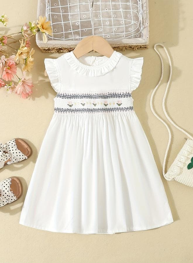 Girls White Smocked Detail Embroidered Dress