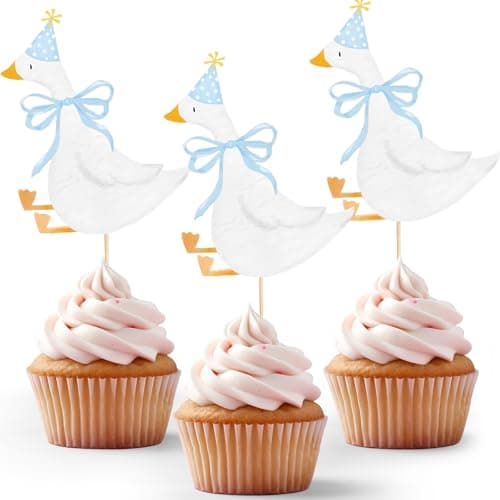 Reallnaive 12 Pcs Silly Goose Cupcake Toppers Funny One Silly Goose Party Decoration Geese Cake Toppers for Girls Boys Baby Shower Birthday Party SuppliesBlue