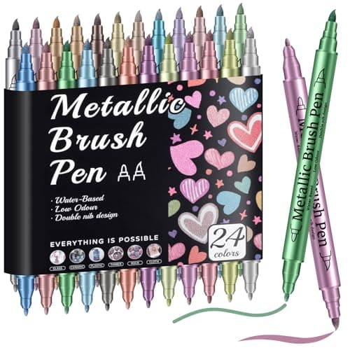 Prudiut 24 Pack Metallic Markers Set Dual Tip Paint Pens for Crafts Acrylic Markers for Black Paper Rock Painting Holiday Crafts Valentines Day Gift for Artist Scrapbooking Supplies