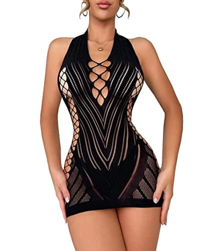 Buitifo Women Sexy Lingerie Dress One Piece Babydoll Nightwear Halter Mini Dresses (Black,One Size)