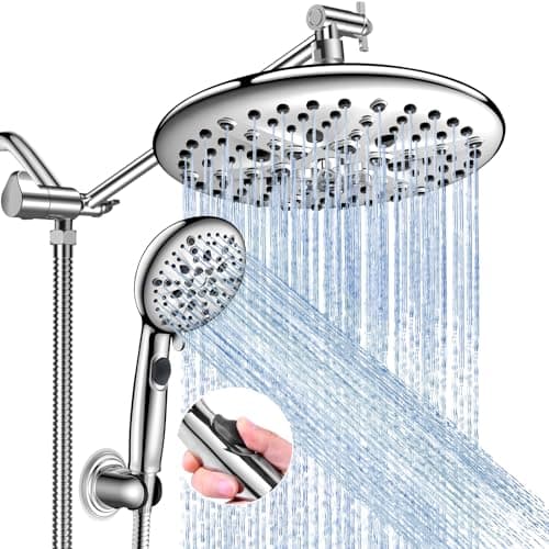 FEELSO 10" High Pressure Shower Head Combo with Handheld Spray, 16 Settings, 11" Adjustable Arm, ON/OFF Pause Switch (Chrome)