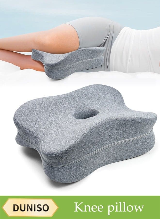 Knee Pillow for Side Sleepers,Memory Foam Leg Pillow for Sleeping,Leg Pillow with Washable Cover,Hollow and Breathable Design,for Hip Pain, Lower Back Pain Relief,Suitable for Supporting Thighs, Knees, Ankles,34*24*8/14CM,Grey