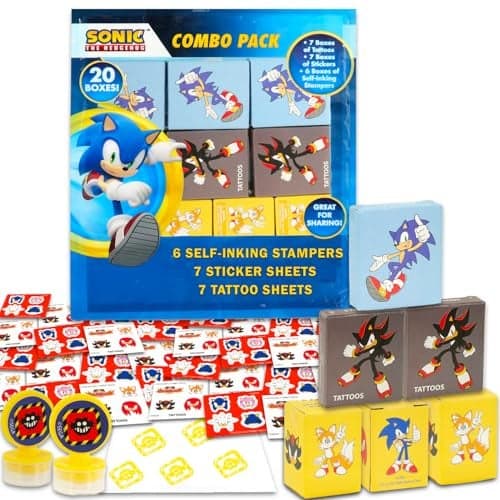 Sonic The Hedgehog Sonic Party Favors for 20 Guests Bundle 20 Pieces Favor Boxes with Stickers Tattoos and Stampers for Kids Birthday Party Sonic Party Supplies and Decorations Combo Pack