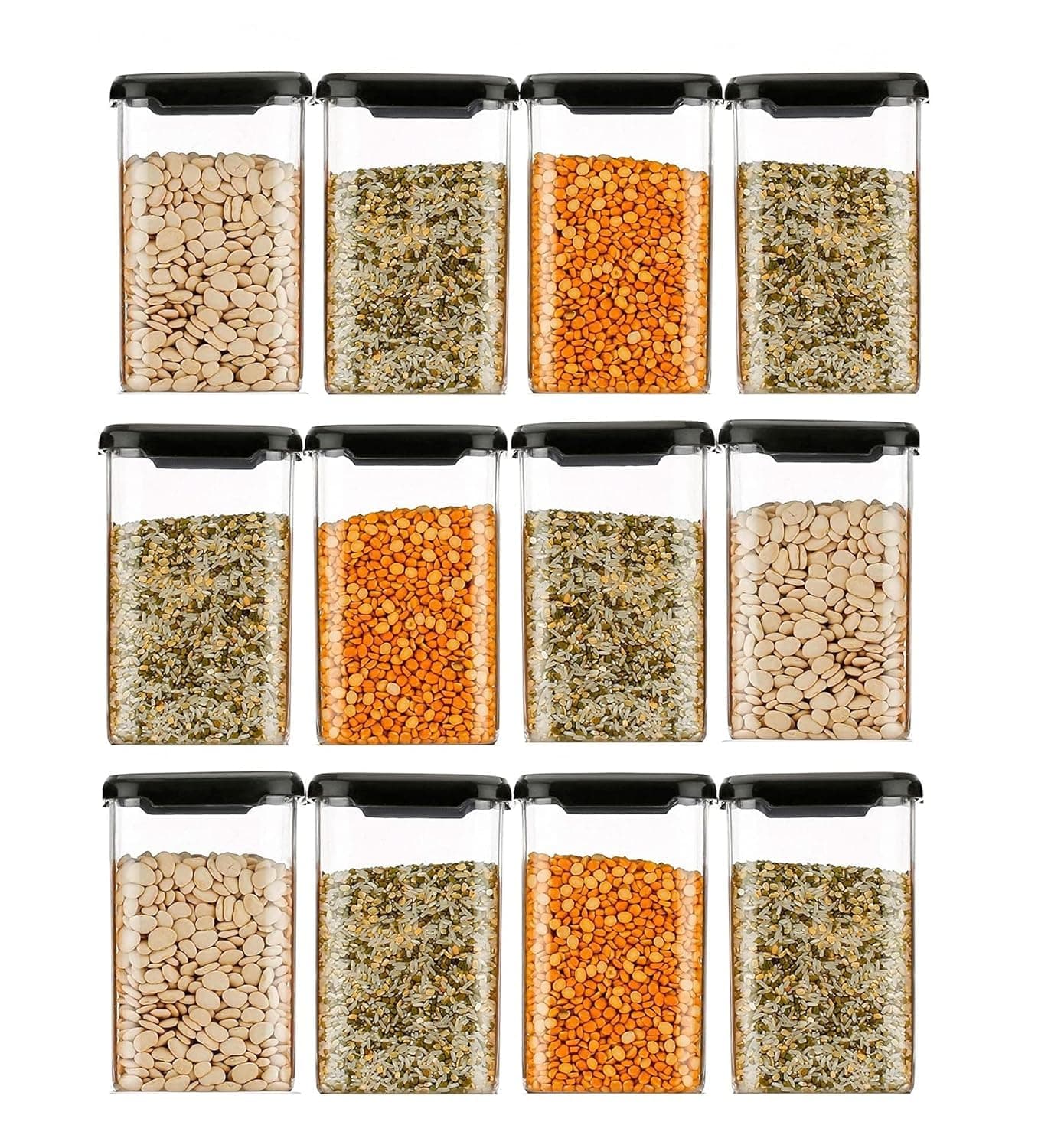 Kitchwell 1100 ML Square Plastic Storage Jar and Container | Air Tight Containers For Kitchen Storage Set | Pantry Organization | Storage Box Lid Food Rice Pasta Pulses Container | Container Sets (12)