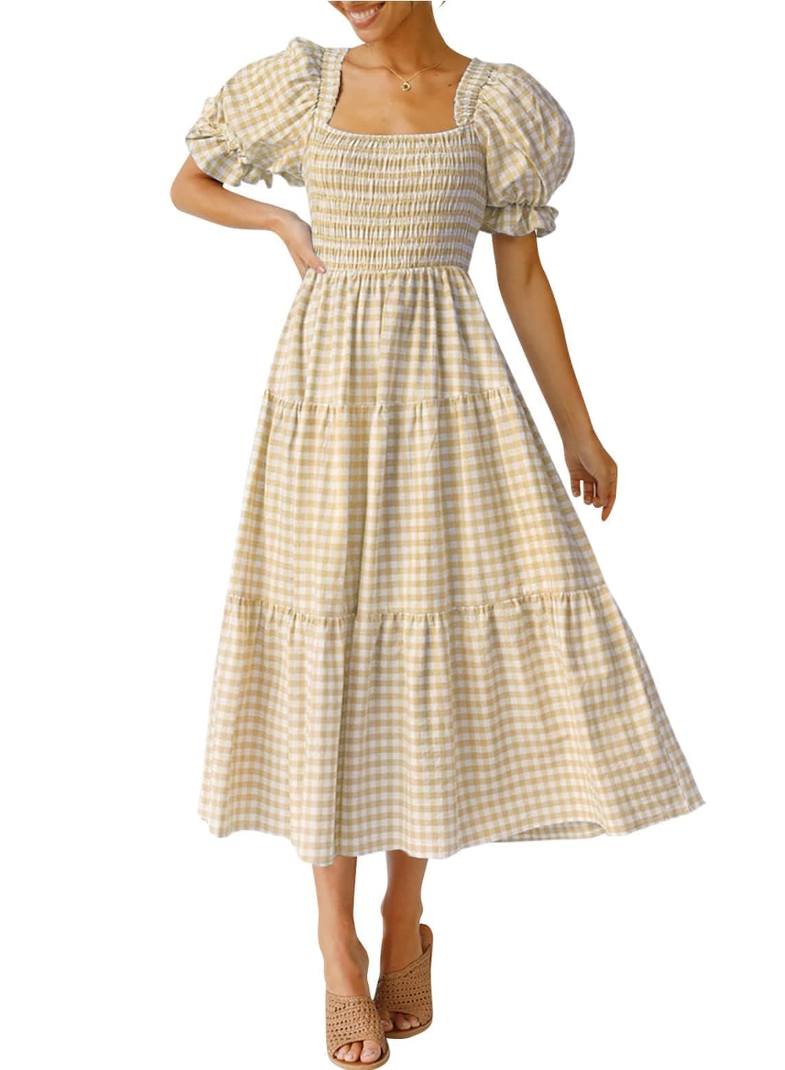 ZESICA Womens 2025 Bohemian Summer Plaid Square Neck Puff Sleeve Ruffle Flowy Beach Midi DressBeigeMedium