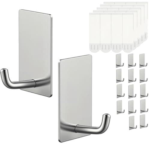 16Pcs Towel Hooks with Removable Strips for HangingAdhesive Wall Heavy Duty Outdoor No DamageSuitable for adhesive wall bathroomShower Stockings Decor Robe Small 304 Stainless Steel silvery