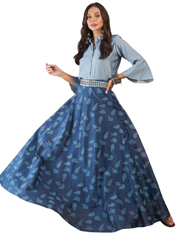 InWeave BLUE & GREY CHANDERI SKIRT FUSION SET