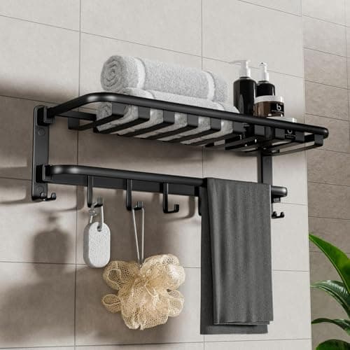 Aluminium Folding Towel Rack | 24-Inch Wall Mount Foldable Towel Holder with Rod, 9 Hooks & Storage Shelf | Bathroom Stand for Shampoo & Accessories | Black Matt Finish (3 Year Warrenty)