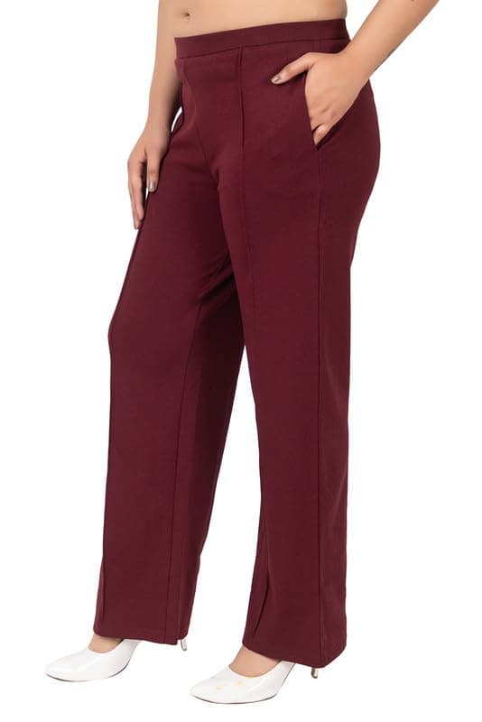 Mlada Mid Waist Wide Leg Flared Pants Elastic Waist Band for Women Office Work Formal Wear Stretch Cotton Knit Flare Pants Utility Pockets Extra Flare Pants Trousers for Travel Wine