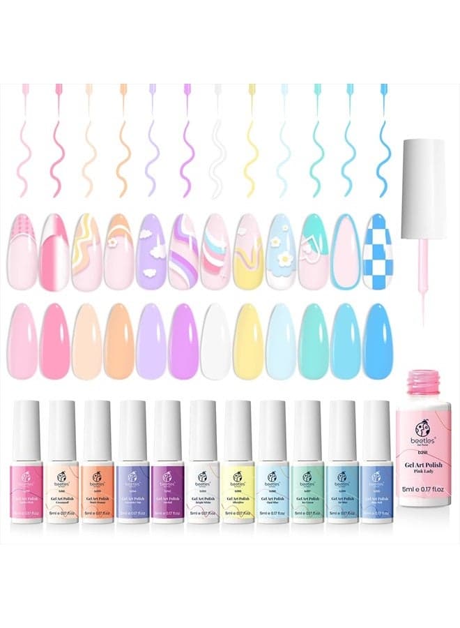 Nail Art Gel Liner Nail Polish Set-12 Color Unicorn Dreamy Pastel Gel Art Paint for Swirl Nail Built Thin Nail Art Brush in Bottle Gel Pen Soak Off Led Lamp Manicure Gift for Women