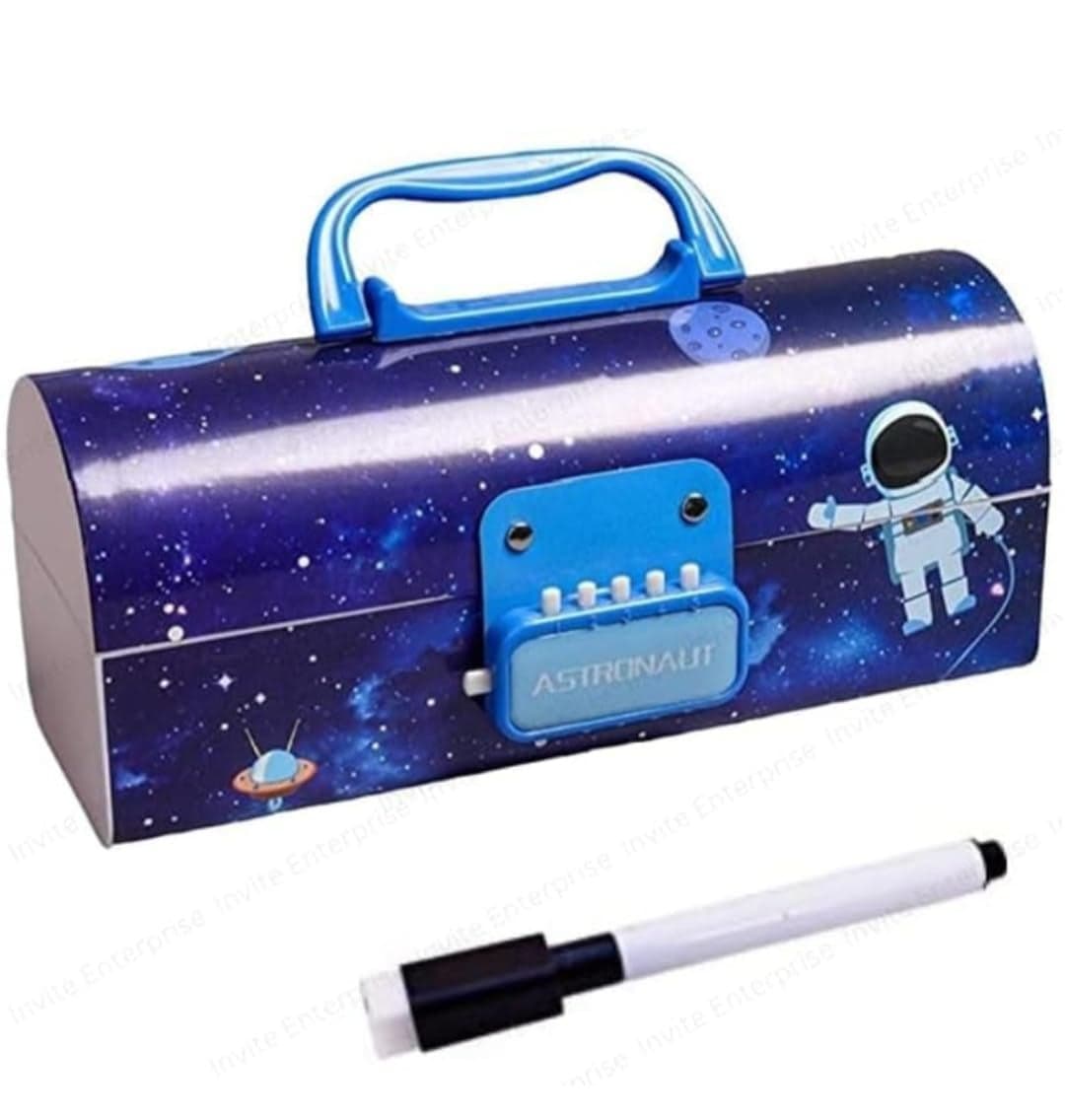 Invite Enterprise Plastic Kids Pen & Pencil Box, Suitcase Style Password Lock Pencil Case, Multi-Layer Pencil Box, Stationary Organizer Case, Return Gift (Astronaut-Blue)