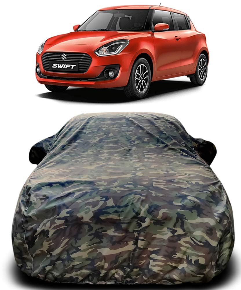 MOTROX Waterproof Heavy Weight American in Jungle Print Triple Stitched Fully Elastic Car Cover with Mirror Pocket Buckle Bottom Compatible with Maruti Suzuki Swift (2018 to 2021), Green