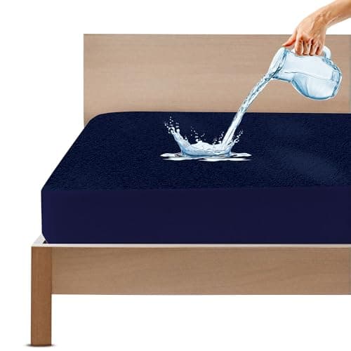 GADDA CO 100% Waterproof Premium Cotton Feel Mattress Protector Queen Bed 78x60 Inch|Ultra Soft Breathable & Hypoallergenic Fitted Bed Protector Terry Cover(6.5x5 feet, Fits Upto 10 Inches, Dark Blue)