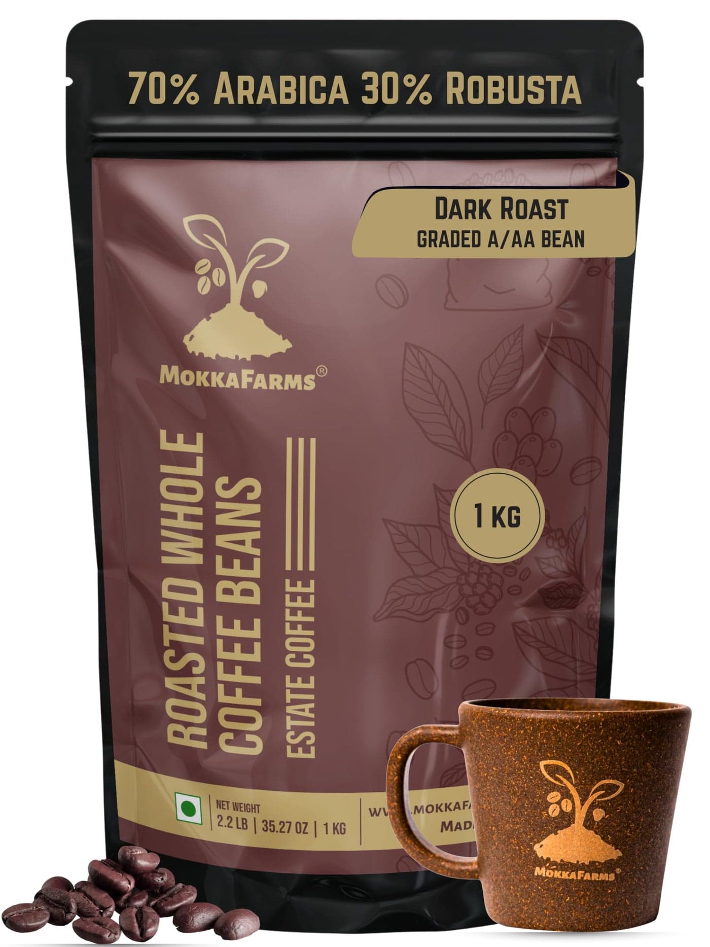 MokkaFarms Roasted Whole Coffee Beans 1Kg | 70% Arabica, 30% Robusta | Dark Roast, Sundried/Cherry, A/AA Grade | Freshly Roast Estate Coffee | Strong Flavor & Aroma | Farm to Fork Quality