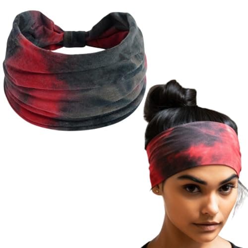 XFYT Stylish Tie-Dye Sports Chic Hair Bands | Super Soft Stretch Microfibre high Sweat absorbtion Head Band for Women Girls Yoga Exercise Fitness Gym (Cherry Black)
