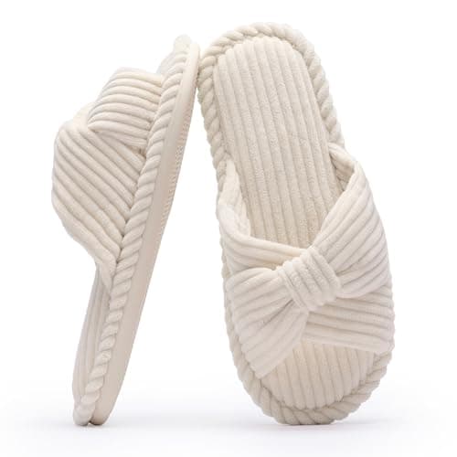 Chantomoo Slippers for Women Memory Foam House Womens Slipper Slides Home Bedroom Bathroom Spa Open Toe Corduroy Bow Slippers Cozy Comfortable Beige White Size 7 7.5 8 8.5