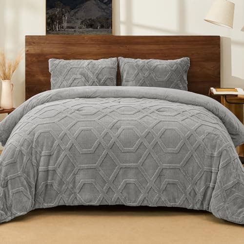 PHF Warm Sherpa Fleece Queen Comforter Set 3D Tufted Fluffy Grey Bedding for Winter Soft 3 Pieces Shaggy Bed Set 1 Comforter 90x90 and 2 Pillowcases 20x26