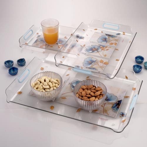 Nayasa Modern Plastic Serving Tray Set of 3, Small, Medium & Large | Durable Multipurpose Kitchen Tray for Tea, Coffee, Snacks, Fruits & Desserts | Transparent Blue