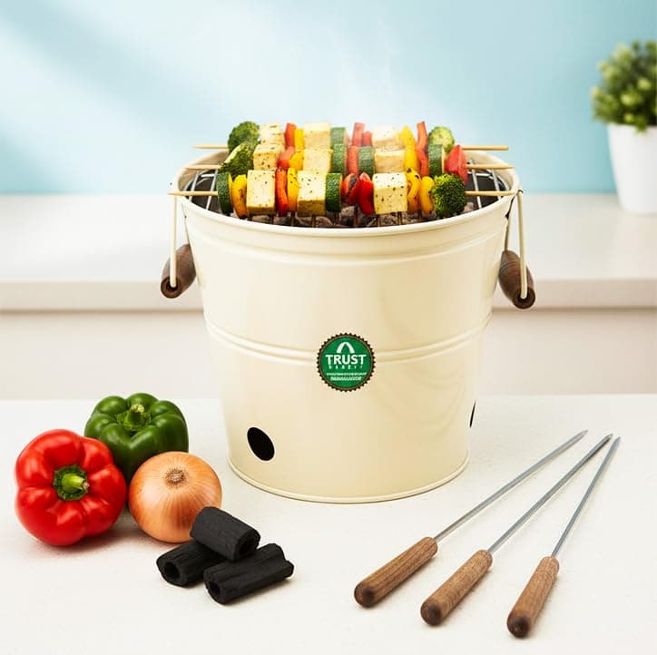 TrustBasket Portable Charcoal Barbecue Grill for Home | Stainless Steel Tandoori Grill & BBQ Grill Set with Barbeque Sticks - Perfect Outdoor Camping & Picnic Coal Burner (Ivory, Free Standing)