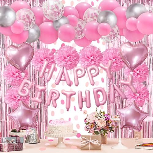 ZERODECO Pink Birthday Party Decorations Happy Birthday Banner Pompoms Balloons Pink Fringe Curtain Party Dcor for Baby Girls Women Party