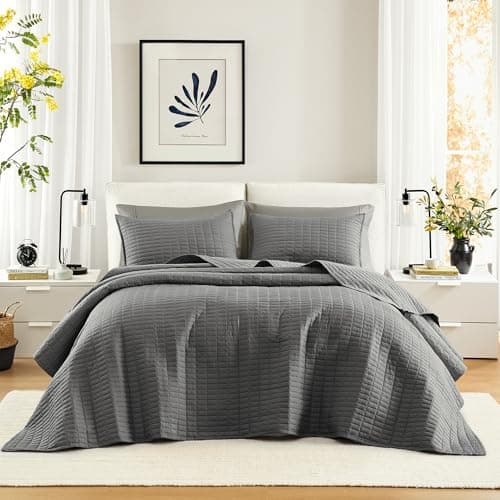 Comfort Spaces Charcoal Oversized Queen Quilt Set 102"x118" Bedspread Quilted Summer Lightweight Microfiber Bedding Coverlet with Double Sided Stitching Soft All Season 3 Piece with Matching Shams