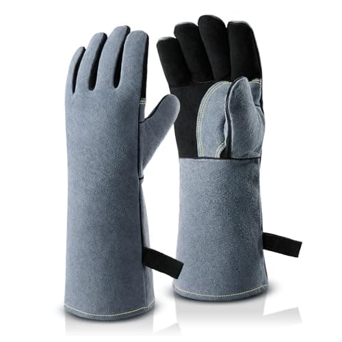 OZERO 932°F Heat Resistant Welding Gloves 16 inches Cowhide Leather - Long Sleeve and Insulated Lining BBQ Glove for Tig Welder/Mig/Grill/Barbecue/Stove Black-gray