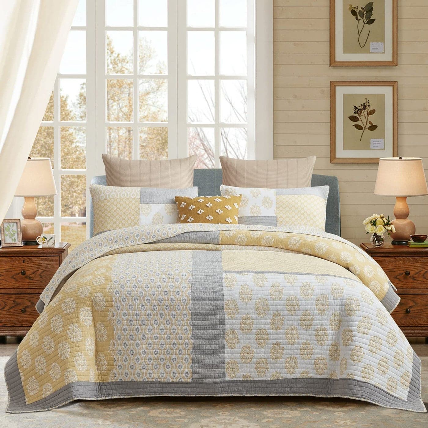 PANGUSHAN Quilt Set King Size100 Cotton Bedspread Quilt Bedding SetFloral Patchwork Quilt Set for King BedYellowGreyWhite Bed SpreadLightweight Comforter Reversible QuiltAll Season3 Pieces