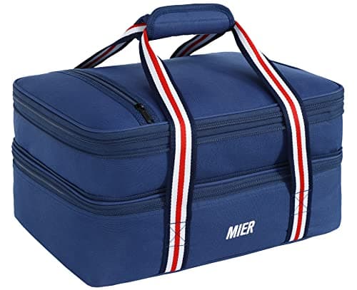 MIER Insulated Double Casserole Carrier Thermal Lunch Tote for Potluck Parties, Picnic, Beach, Fits 9 x 13 Inches Casserole Dish, Expandable by Mid Zipper, Navy