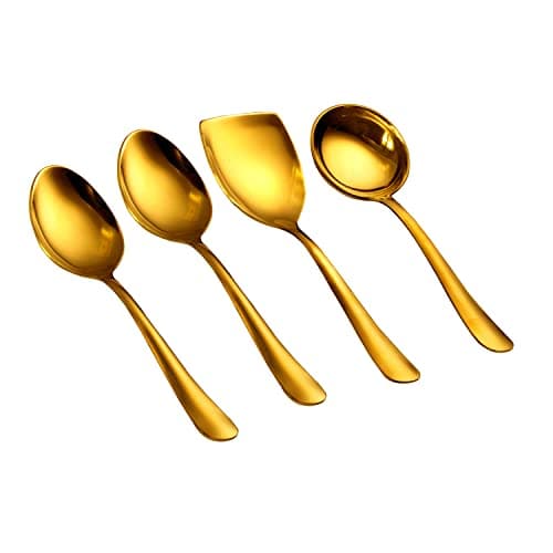 AXIOM Stainless Steel Golden Serving Tools Set. 4 Piece Heavy Gauge Non-Stick Set Of 1 Soup Ladle (Karchi), 2 Solid Spoon (Chamcha) & 1 Rice Spoon For Serving Soup/Curry/Dal/Rice. Gold