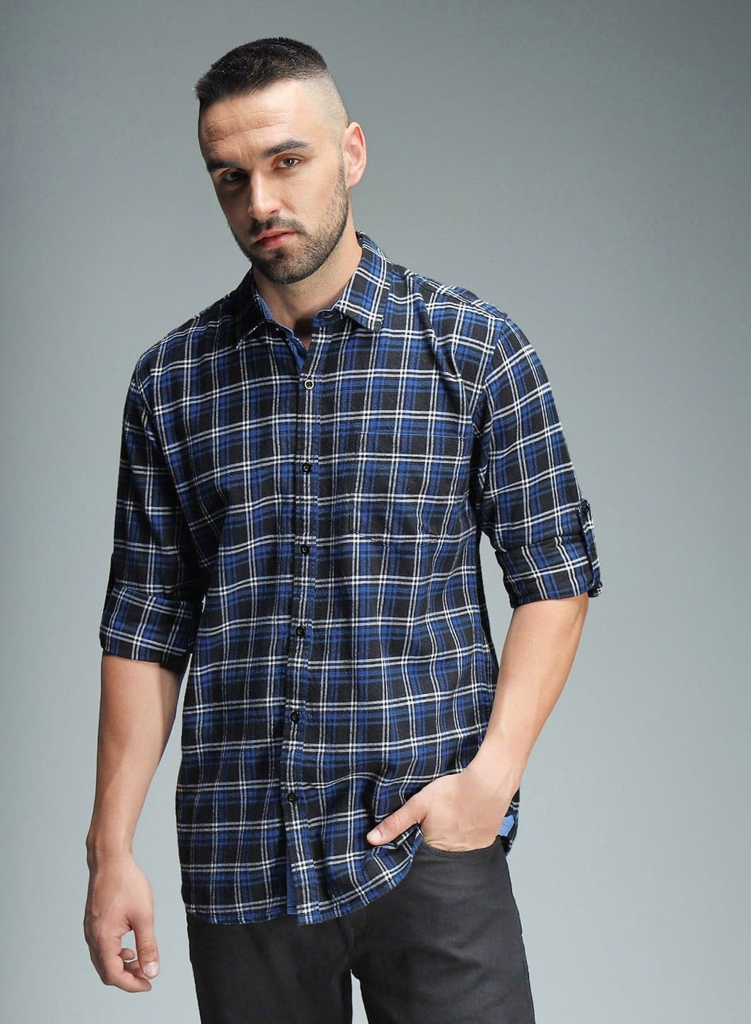 Blue Standard Checked Casual Shirt for Men, Spread Collar, Cotton