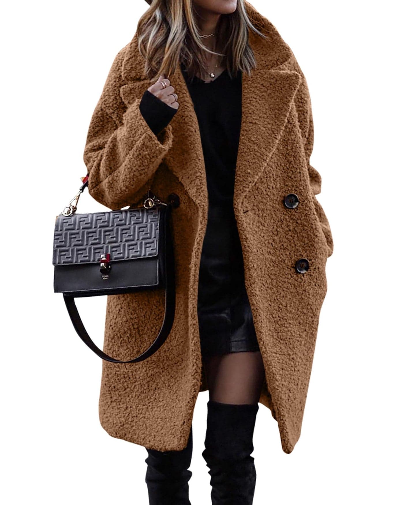 BTFBM Women 2025 Winter Faux Fur Coats Lapel Long Sleeve Fuzzy Fleece Outerwear Button Down Sherpa Jackets Fall OutfitsGolden Camel XLarge