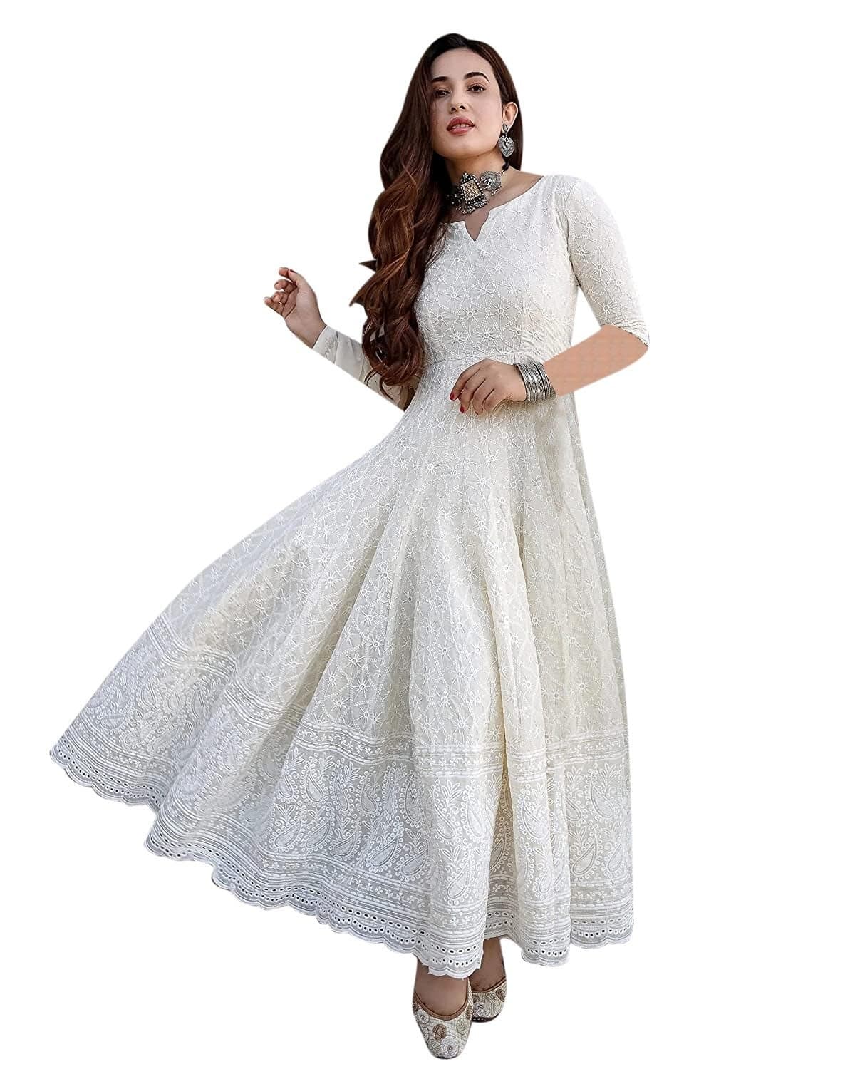 Royal Export Women's Paisley Embroidered Cotton Kurta Set | sharara Set for Women |Anarkali Chikankari Gown with Dupatta | Dresses for Girls,White