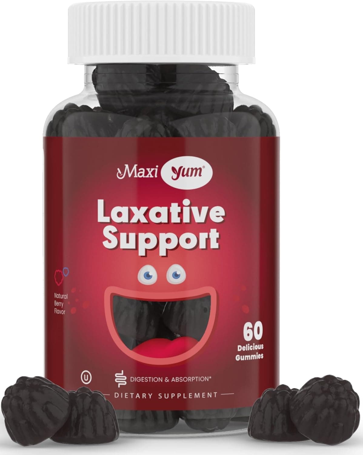 Maxi Health Natural Laxative Gummies for Adults and Kids NonGMO and Vegan Senna Stool Softener Gummies Berry Flavor Chewable Laxatives for Constipation Support 60 Count