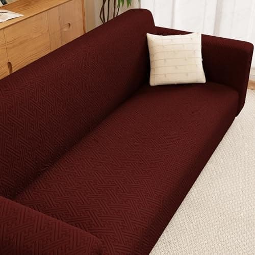 Lukzer 3 Seater Pastel Deep Maroon Grid Maze Pattern Sofa Cover | 240 GSM Universal Stretch Fit Jacquard Fabric Couch Protector | Fully Covered Anti Slip & Washable Sofa Cover (180-230cm/SC-109-03)