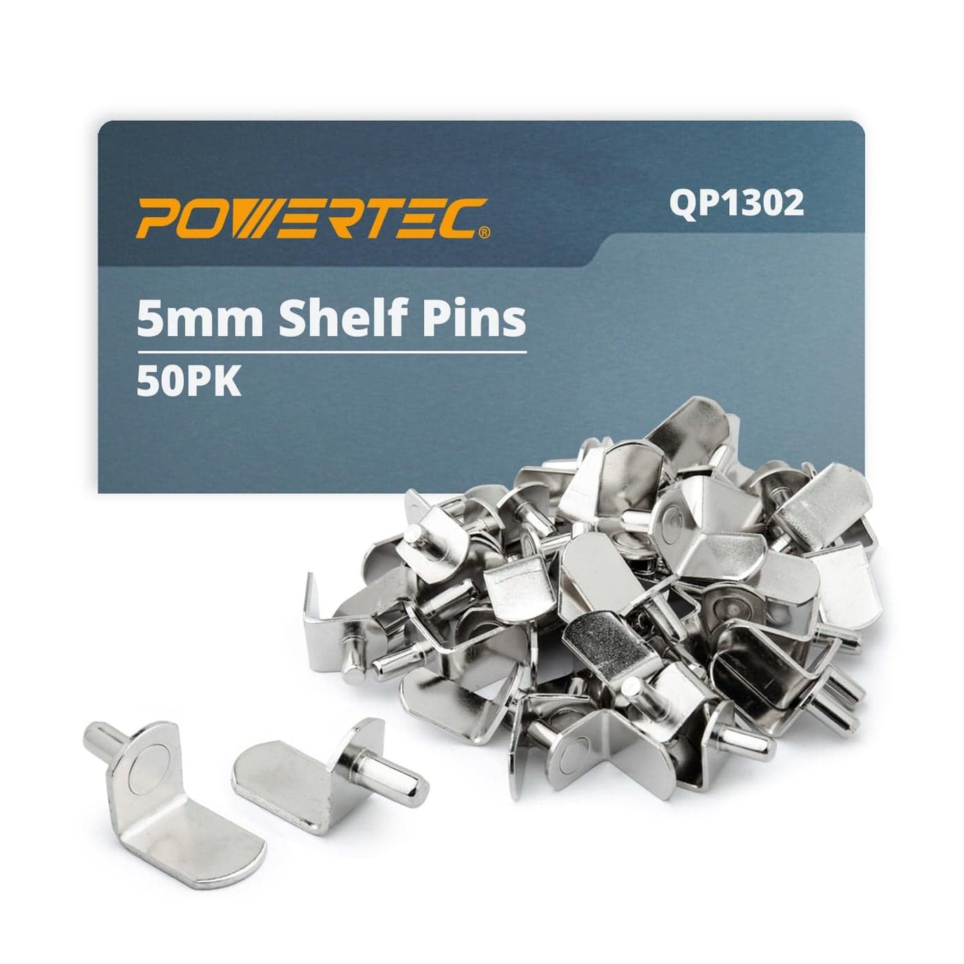 POWERTEC QP1302 5mm Shelf Pegs 50 pcs, L-Shaped Bracket Shelf Pins Support Pegs for Shelves, Kitchen Cabinet Shelf, Bookshelf, Closet and Furniture, Nickel Plated Shelf Holders Pegs