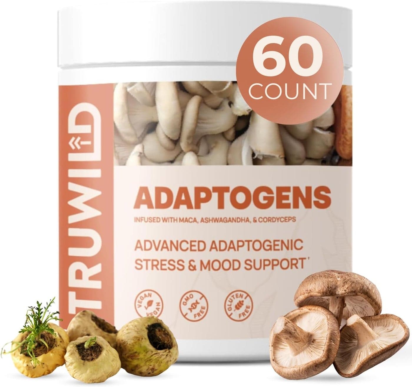 TruWild Adaptogen Blend with Cordyceps Maca Ashwagandha Full Spectrum Mushroom Blend for Daily Support and Function All Natural Formula with 7 Key Ingredients 60 Capsules