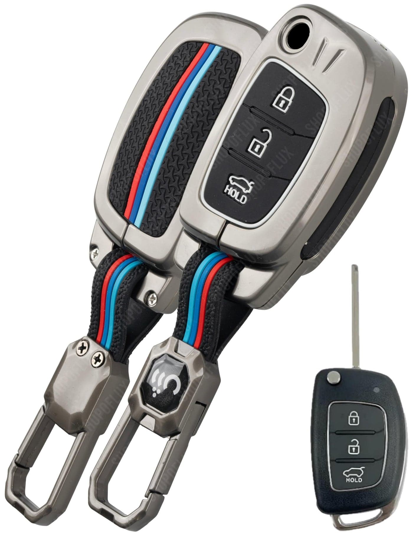 SHOPOFLUX Metal Key Cover for Hyundai Hyundai Creta, Venue, Tucson, Alcazar, I20, Grand i10 Nios, Aura, Xcent, Exter 3 Button Flip Key Only - Black