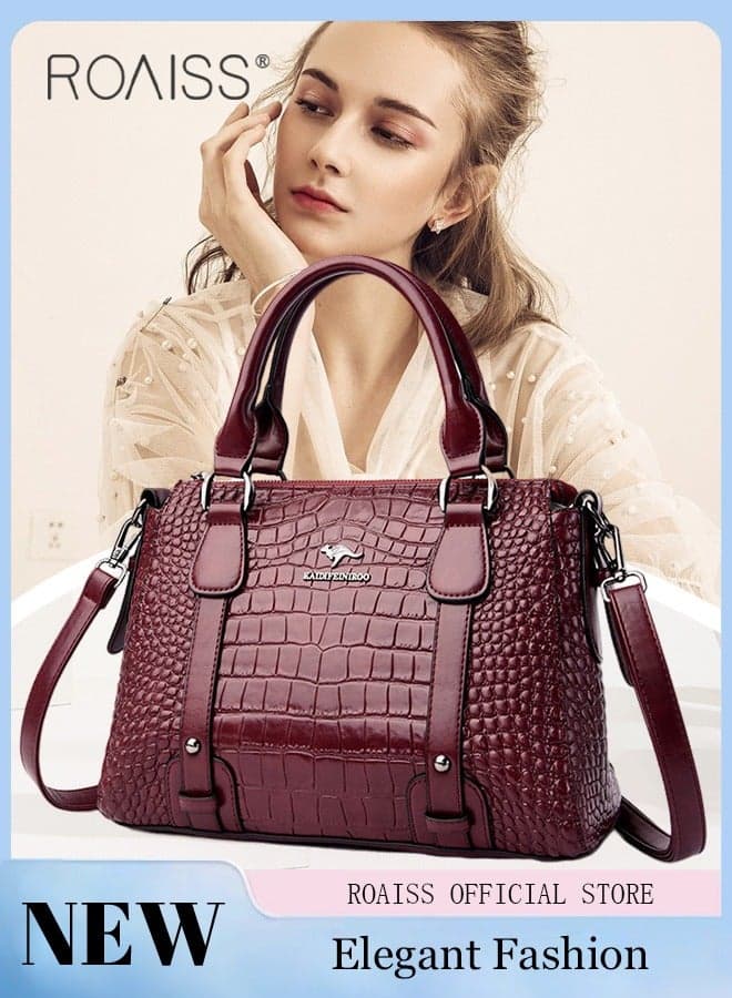 Leather Women Shoulder Bag Women's Handbag Elegant Patent Leather Bag Waterproof Handbag Shoulder Bag Fashion Crocodile Pattern Women Large Capacity Bag Crossbody Bag Claret
