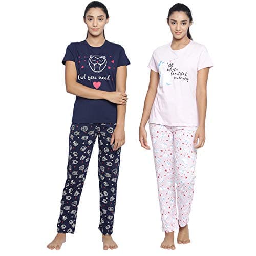 Real Basics Women's Cotton Animal Print Pajama Set Pack of 2(RB-W-PS-M-P2-(blu+Pink)_Multi-Coloured_Medium)