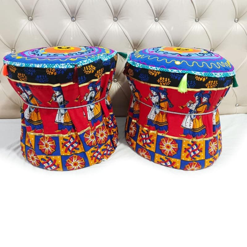 POSHMANDALA Embroidery Work Bamboo Mudda Cover Muddy Stool Ottaman Pouffes Patio Chair Footstools Cover Size 17x18 Inches Set of 2 Pieces ONLY Cover