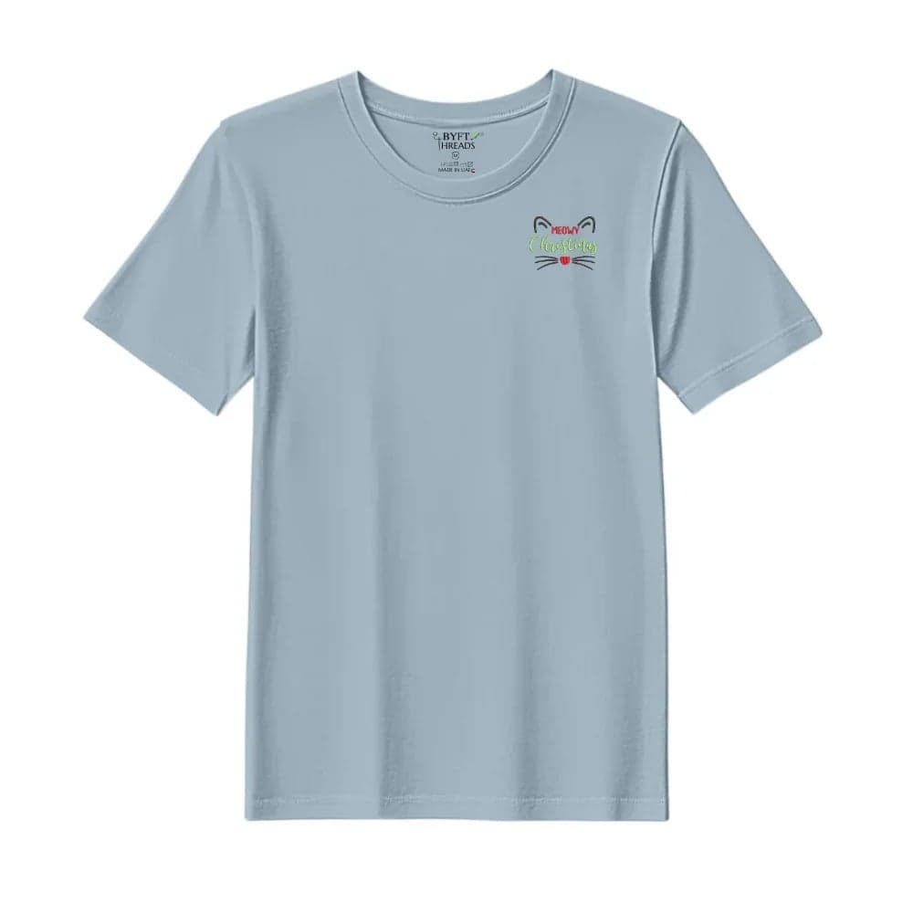 Threads XL Baby Blue Polycotton T-Shirt - Christmas "Meowy Christmas Cat" Embroidered Design, Premium Holiday Collection